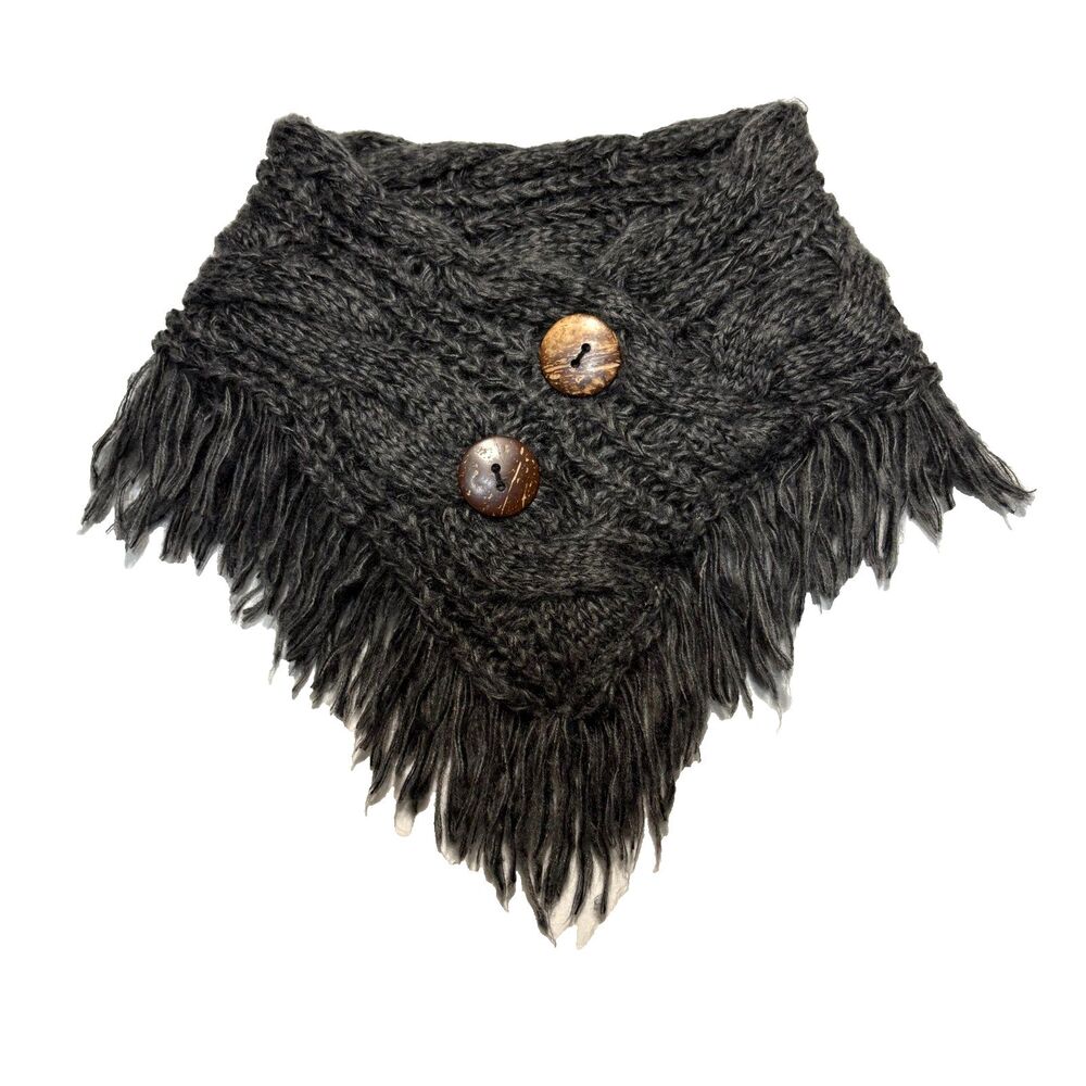 Vintage Scarf Chunky Cable Knit Fringe Buttons Cowl Woven Thick Bohemian Indie